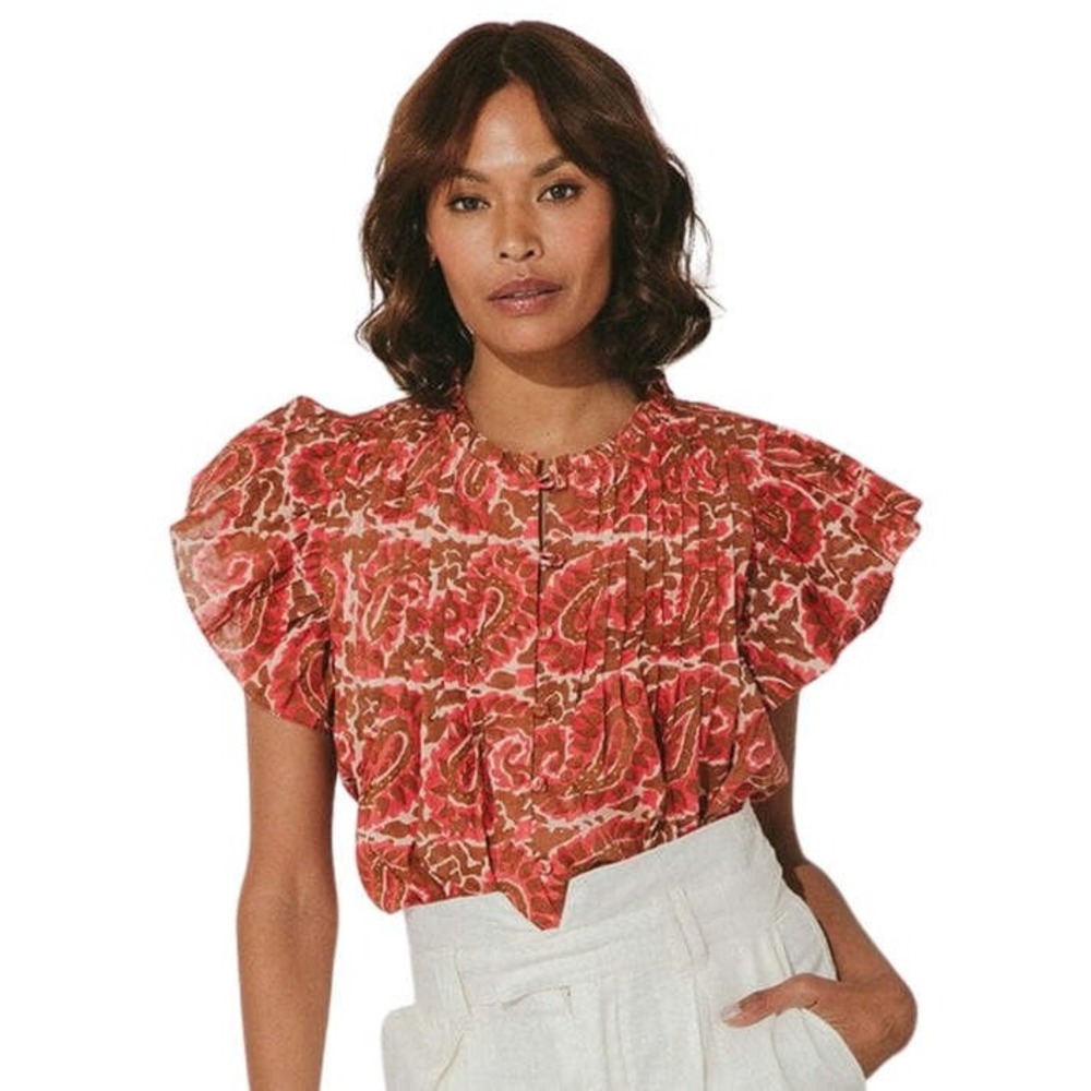 Cleobella Blouse Topâ Calla Aurora Short Flutter Sleeve Button Front Boho Red XS